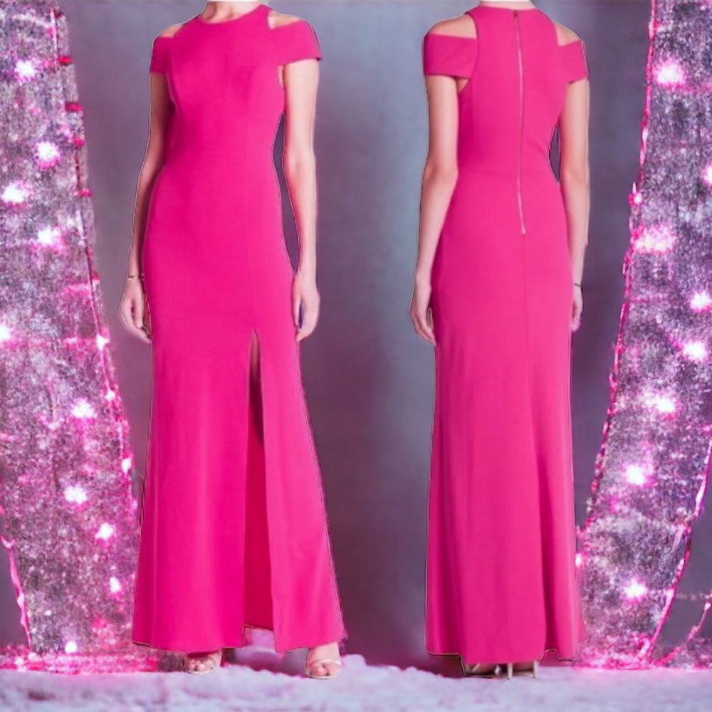 $320 ABS Allen Schwartz Shoulder Cut Out Gown Small Pink Formal Deep Front Slit